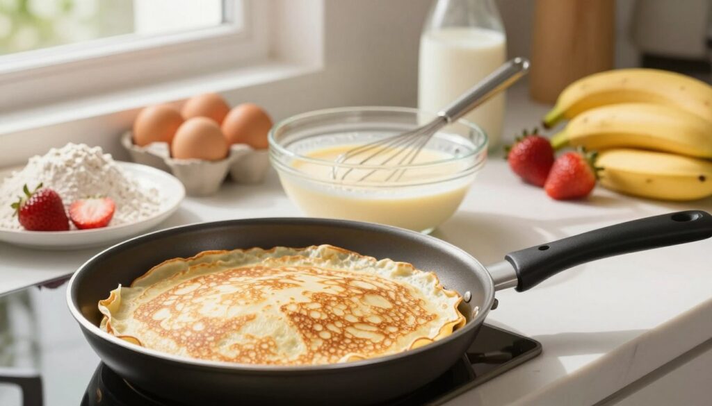 A beautifully arranged kitchen scene focusing on the process of making French crepes. In the foreground, a non-stick frying pan with a perfectly cooked crepe, golden and slightly curled at the edges, alongside a spatula. A bowl in the middle contains a smooth batter, with a whisk resting against it. In the background, neatly organized ingredients such as flour, eggs, and milk are displayed, accented by fresh fruits like strawberries and bananas. Soft, natural light filters through a nearby window, casting gentle shadows, creating an inviting and warm atmosphere. The scene emphasizes precision and technique, illustrating common troubleshooting methods, with a focus on the perfect texture and presentation of the crepes.