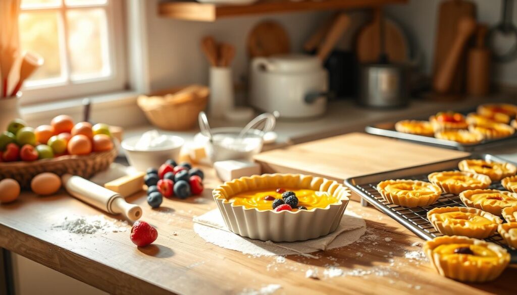 A beautifully arranged kitchen scene illustrating the step-by-step guide to assembling and baking tarts. In the foreground, a wooden countertop displays vibrant ingredients: fresh fruits, flour, butter, and eggs, with baking tools like a rolling pin and a whisk artistically positioned. In the middle, a partially assembled tart sits in a ceramic pie dish, showcasing a golden crust and colorful filling, while a baking sheet with golden-brown tarts cools nearby. In the background, warm, natural light streams through a window, casting soft shadows and creating a cozy atmosphere. A subtle depth of field blurs the background slightly, drawing focus to the tart preparation process, inviting viewers into the delightful world of baking. A beautifully arranged kitchen scene illustrating the step-by-step guide to assembling and baking tarts. In the foreground, a wooden countertop displays vibrant ingredients: fresh fruits, flour, butter, and eggs, with baking tools like a rolling pin and a whisk artistically positioned. In the middle, a partially assembled tart sits in a ceramic pie dish, showcasing a golden crust and colorful filling, while a baking sheet with golden-brown tarts cools nearby. In the background, warm, natural light streams through a window, casting soft shadows and creating a cozy atmosphere. A subtle depth of field blurs the background slightly, drawing focus to the tart preparation process, inviting viewers into the delightful world of baking.