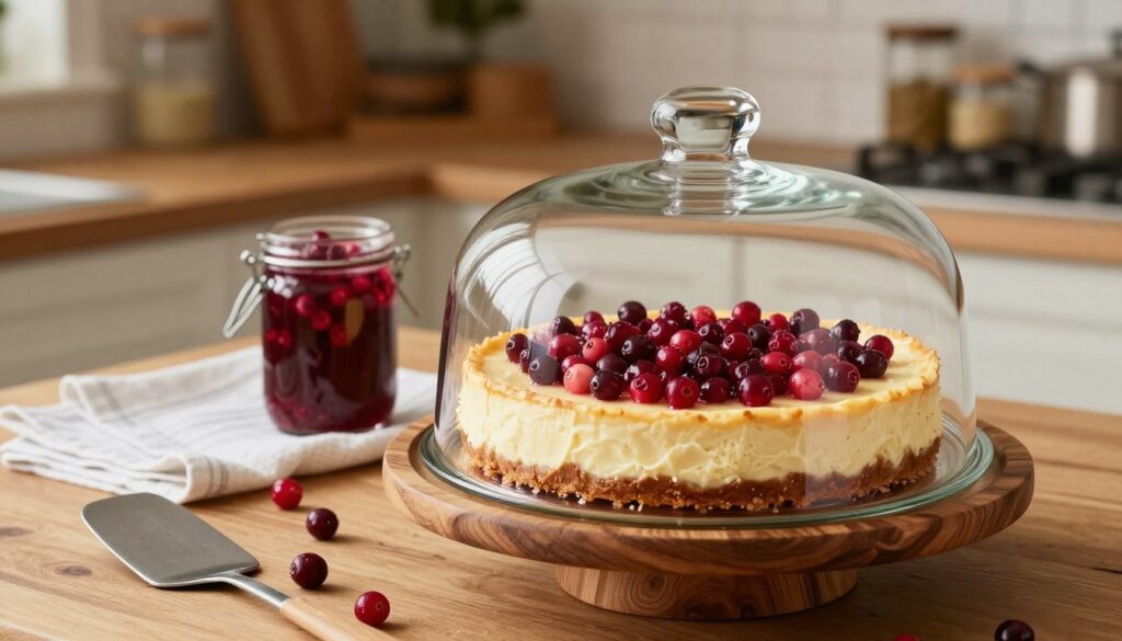 A beautifully arranged kitchen scene showcasing a freshly made classic cranberry cheesecake being stored safely in an elegant glass cake dome. In the foreground, the cheesecake sits on a decorative wooden cake stand, its rich, creamy texture and vibrant cranberry topping glistening under soft, warm lighting. Surrounding the cheesecake are various kitchen items like a spatula and a few scattered cranberries for added detail. In the middle, a wooden countertop is adorned with a clean, white cloth and a jar of homemade cranberry sauce beside the dome, emphasizing the fresh ingredients used in the recipe. In the background, softly blurred shelves filled with baking essentials create a cozy, inviting atmosphere. The overall mood is warm and inviting, perfect for a homey kitchen environment. The angle is slightly above eye level, capturing all details while maintaining a focus on the cheesecake. A beautifully arranged kitchen scene showcasing a freshly made classic cranberry cheesecake being stored safely in an elegant glass cake dome. In the foreground, the cheesecake sits on a decorative wooden cake stand, its rich, creamy texture and vibrant cranberry topping glistening under soft, warm lighting. Surrounding the cheesecake are various kitchen items like a spatula and a few scattered cranberries for added detail. In the middle, a wooden countertop is adorned with a clean, white cloth and a jar of homemade cranberry sauce beside the dome, emphasizing the fresh ingredients used in the recipe. In the background, softly blurred shelves filled with baking essentials create a cozy, inviting atmosphere. The overall mood is warm and inviting, perfect for a homey kitchen environment. The angle is slightly above eye level, capturing all details while maintaining a focus on the cheesecake.