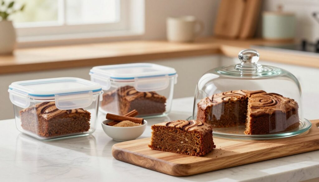 A beautifully arranged kitchen scene showcasing effective storage tips for leftover cinnamon coffee cake. In the foreground, a slice of delicious coffee cake is placed on a rustic wooden cutting board, with a clear glass cake dome protecting another whole cake. To the side, there are labeled airtight containers for easy storage, filled with slices. In the middle, a delicate bowl holds cinnamon sticks and sugar, hinting at the cake's flavor. The background features soft, warm lighting streaming through a window, casting gentle shadows that create a cozy atmosphere. The kitchen is tastefully arranged with pastel-colored decor, contributing to a cheerful morning mood. The composition is captured with a shallow depth of field to emphasize the foreground details. A beautifully arranged kitchen scene showcasing effective storage tips for leftover cinnamon coffee cake. In the foreground, a slice of delicious coffee cake is placed on a rustic wooden cutting board, with a clear glass cake dome protecting another whole cake. To the side, there are labeled airtight containers for easy storage, filled with slices. In the middle, a delicate bowl holds cinnamon sticks and sugar, hinting at the cake's flavor. The background features soft, warm lighting streaming through a window, casting gentle shadows that create a cozy atmosphere. The kitchen is tastefully arranged with pastel-colored decor, contributing to a cheerful morning mood. The composition is captured with a shallow depth of field to emphasize the foreground details.