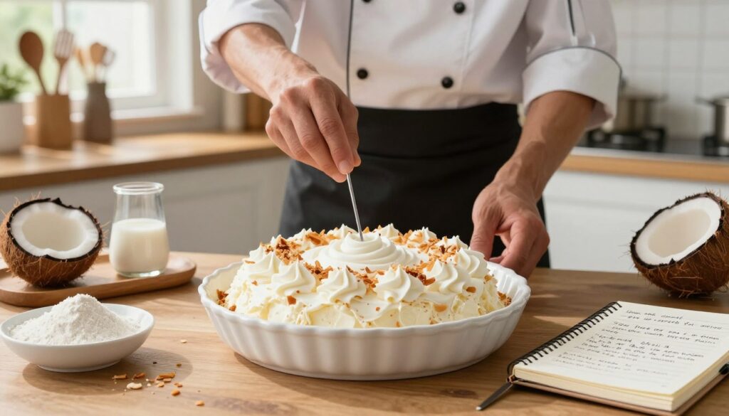 A beautifully arranged kitchen scene showcasing expert tips for creating the perfect coconut poke cake. In the foreground, a pristine white ceramic dish filled with a luscious coconut poke cake, garnished with whipped cream and toasted coconut flakes. Beside it, an open recipe notebook with neatly handwritten notes on tips like "Use fresh coconut for extra flavor" and "Let the cake cool completely before poking." In the middle, a professional chef's hands demonstrating the technique of poking holes in the cake with a skewer. The background features a cozy kitchen ambiance, softly lit by natural light streaming through a window, with a backdrop of decorative kitchen tools and ingredients like flour, coconut milk, and baking powder on a wooden countertop. The overall mood is inviting, warm, and inspiring, emphasizing a love for baking.