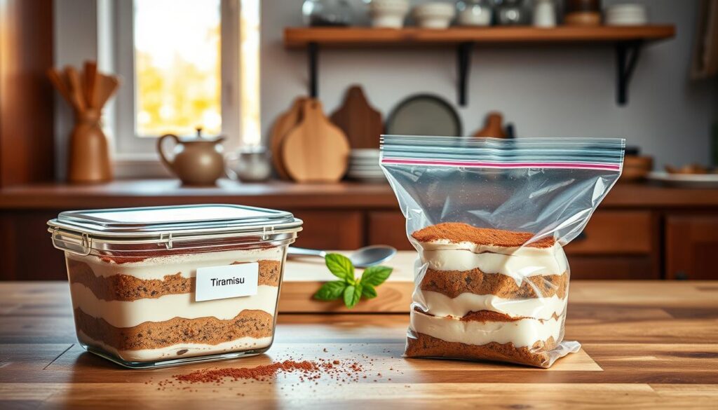 A beautifully arranged kitchen scene showcasing smart storing tips for Tiramisu leftovers. In the foreground, a neatly sealed glass container filled with layers of Tiramisu sits on a wooden kitchen countertop, accented with a few cocoa powder dustings. Next to it, there's a small labeled storage bag indicating "Tiramisu" for freezer storage. In the middle, a stylish cutting board displays a couple of fresh mint leaves and a spoon for serving. The background features an elegant kitchen shelf filled with baking essentials, softly lit by warm, natural light coming through a window. The overall atmosphere is inviting and cozy, perfect for home cooking, with a focus on practicality and organization. The image should evoke a sense of warmth, flavor, and home comfort, emphasizing effective storage solutions. A beautifully arranged kitchen scene showcasing smart storing tips for Tiramisu leftovers. In the foreground, a neatly sealed glass container filled with layers of Tiramisu sits on a wooden kitchen countertop, accented with a few cocoa powder dustings. Next to it, there's a small labeled storage bag indicating "Tiramisu" for freezer storage. In the middle, a stylish cutting board displays a couple of fresh mint leaves and a spoon for serving. The background features an elegant kitchen shelf filled with baking essentials, softly lit by warm, natural light coming through a window. The overall atmosphere is inviting and cozy, perfect for home cooking, with a focus on practicality and organization. The image should evoke a sense of warmth, flavor, and home comfort, emphasizing effective storage solutions.