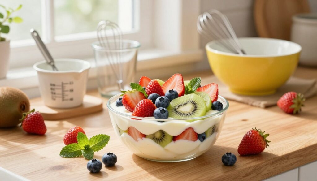 A beautifully arranged light fruit dessert preparation scene, showcasing a variety of fresh, colorful fruits such as strawberries, blueberries, and kiwi slices elegantly layered on a creamy base. In the foreground, a delicate glass bowl filled with a fluffy, crustless fruit dessert sits on a wooden kitchen countertop, surrounded by scattered berries and mint leaves for decoration. In the middle ground, a well-organized kitchen workspace features measuring cups, a whisk, and a bright ceramic mixing bowl, hinting at the preparation process. The background includes a sunlit window with sheer curtains, casting a warm glow on the scene, evoking a cheerful and inviting atmosphere. Use soft, natural lighting and a close-up angle to emphasize the textures and vibrant colors of the dessert, creating a fresh and wholesome feel. A beautifully arranged light fruit dessert preparation scene, showcasing a variety of fresh, colorful fruits such as strawberries, blueberries, and kiwi slices elegantly layered on a creamy base. In the foreground, a delicate glass bowl filled with a fluffy, crustless fruit dessert sits on a wooden kitchen countertop, surrounded by scattered berries and mint leaves for decoration. In the middle ground, a well-organized kitchen workspace features measuring cups, a whisk, and a bright ceramic mixing bowl, hinting at the preparation process. The background includes a sunlit window with sheer curtains, casting a warm glow on the scene, evoking a cheerful and inviting atmosphere. Use soft, natural lighting and a close-up angle to emphasize the textures and vibrant colors of the dessert, creating a fresh and wholesome feel.