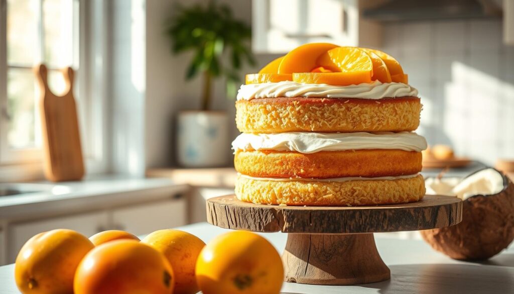 A beautifully arranged mango coconut cake, showcasing three layers of fluffy coconut cake, each one generously filled and topped with creamy coconut frosting. The cake is adorned with vibrant, ripe mango slices artistically placed on the top, glistening in the soft, natural light. In the foreground, include a few mangoes and coconuts, emphasizing the fresh ingredients. The middle ground should feature the cake on a rustic wooden cake stand, enhancing its homemade feel. The background presents a cozy kitchen setting with light pastel colors, giving a warm atmosphere. The scene is illuminated by soft, diffused sunlight entering through a window, casting gentle shadows that add depth and texture to the image. The overall mood is inviting and vibrant, making the viewer crave a slice of this delicious cake.
