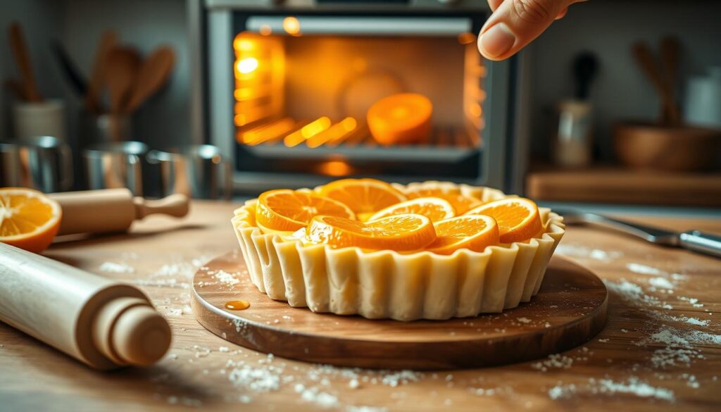 A beautifully arranged orange tart assembly process, showcasing the layers of tart dough, fresh orange segments, and a glossy orange glaze. In the foreground, a wooden countertop is adorned with baking tools such as a rolling pin, measuring cups, and a small knife. The middle layer features the tart shell being filled with a creamy custard, and vibrant slices of oranges being artistically placed on top. In the background, a softly blurred oven emits a warm glow, suggesting imminent baking. The lighting is bright and natural, mimicking a sunlit kitchen, creating a cheerful and inviting atmosphere. The image should evoke a sense of home cooking and the joy of baking, captured with a shallow depth of field to emphasize the tart.