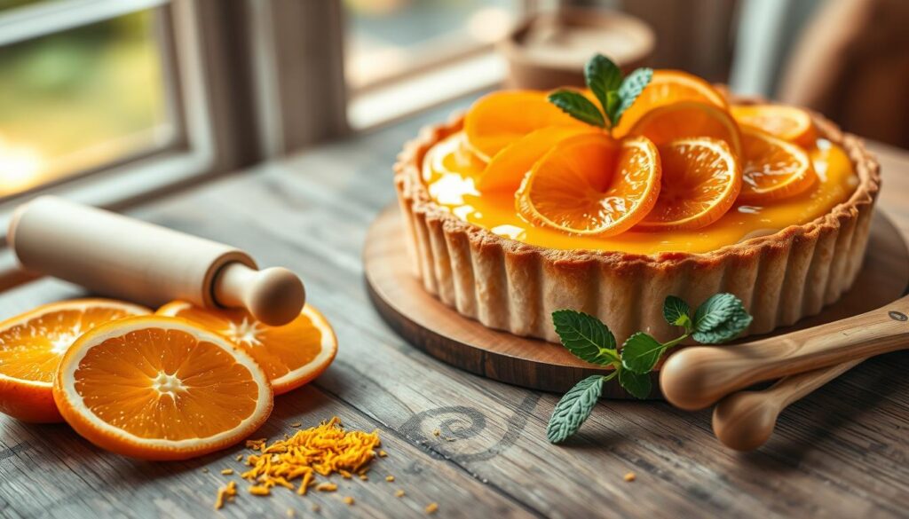 A beautifully arranged orange tart dessert sits elegantly on a rustic wooden table. The tart features a golden, flaky crust, filled with a smooth and glossy orange custard, topped with vibrant, thinly sliced oranges that glisten with a light glaze. In the foreground, fresh oranges, zest, and a sprig of mint are artistically arranged, hinting at the key ingredients used in the recipe. The background is softly blurred, revealing a cozy kitchen atmosphere with warm, natural lighting filtering through a window, creating an inviting and cheerful mood. A wooden rolling pin and measuring spoons subtly rest nearby, suggesting the artisanal process of making this delightful dish. The camera angle is slightly overhead, capturing the tart in all its glory with a soft focus on the details, enhancing the overall warmth and appeal of the scene.