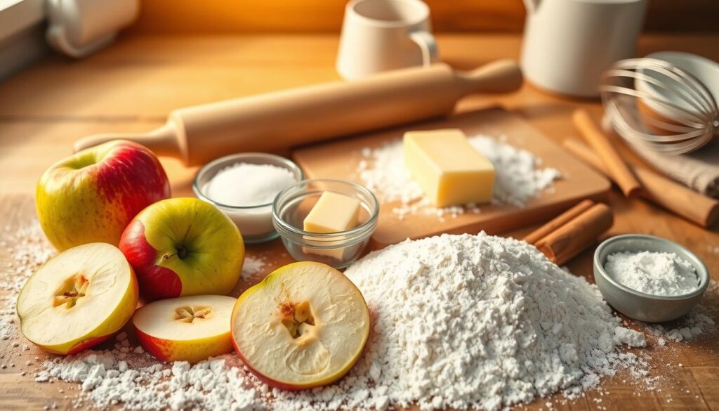 A beautifully arranged overhead shot displaying essential ingredients for apple pop tarts. In the foreground, vibrant green and red apples are sliced to reveal their juicy interiors, alongside a mound of flour, small bowls of sugar and cinnamon, and a stick of butter. The middle layer includes a rolling pin and a floured wooden board, hinting at the pastry-making process. In the background, softly focused kitchen tools like measuring cups and a whisk create a cozy atmosphere. Warm, natural light filters in from a nearby window, illuminating the scene with a golden glow, evoking a sense of home cooking and delightful anticipation. The composition conveys warmth and inviting creativity suitable for baking enthusiasts. A beautifully arranged overhead shot displaying essential ingredients for apple pop tarts. In the foreground, vibrant green and red apples are sliced to reveal their juicy interiors, alongside a mound of flour, small bowls of sugar and cinnamon, and a stick of butter. The middle layer includes a rolling pin and a floured wooden board, hinting at the pastry-making process. In the background, softly focused kitchen tools like measuring cups and a whisk create a cozy atmosphere. Warm, natural light filters in from a nearby window, illuminating the scene with a golden glow, evoking a sense of home cooking and delightful anticipation. The composition conveys warmth and inviting creativity suitable for baking enthusiasts.