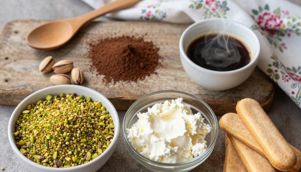 A beautifully arranged overhead view of ingredients for an easy pistachio tiramisu. In the foreground, showcase a bowl of coarsely chopped pistachios, their vibrant green contrasting with creamy mascarpone cheese in a glass bowl. Next to it, delicate ladyfingers neatly stacked, and a small dish of espresso with steam rising gently. In the middle layer, emphasize a dusting of cocoa powder on a rustic wooden surface, and a few whole pistachios scattered around for added texture. The background features soft, blurred kitchen elements like a wooden spoon and a floral-patterned cloth for a warm, inviting atmosphere. Use natural, soft lighting to create a cozy, homely feel, capturing the essence of preparing a delicious dessert.