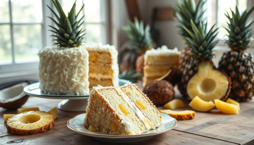A beautifully arranged pineapple coconut cake, elegantly displayed on a rustic wooden table, showcasing its layers of fluffy sponge cake filled with creamy coconut frosting and juicy pineapple chunks. In the foreground, a slice of the cake is artfully positioned on a delicate porcelain plate, revealing its moist interior. Surrounding the cake are various fresh pineapples and coconut halves, adding vibrant colors and textures. In the background, soft natural light filters through a nearby window, creating a warm and inviting atmosphere, enhancing the homemade feel. The angle captures both the cake and its surrounding ingredients, emphasizing a sense of culinary mastery and inviting viewers to learn expert tips on perfecting this delightful dessert. A beautifully arranged pineapple coconut cake, elegantly displayed on a rustic wooden table, showcasing its layers of fluffy sponge cake filled with creamy coconut frosting and juicy pineapple chunks. In the foreground, a slice of the cake is artfully positioned on a delicate porcelain plate, revealing its moist interior. Surrounding the cake are various fresh pineapples and coconut halves, adding vibrant colors and textures. In the background, soft natural light filters through a nearby window, creating a warm and inviting atmosphere, enhancing the homemade feel. The angle captures both the cake and its surrounding ingredients, emphasizing a sense of culinary mastery and inviting viewers to learn expert tips on perfecting this delightful dessert.