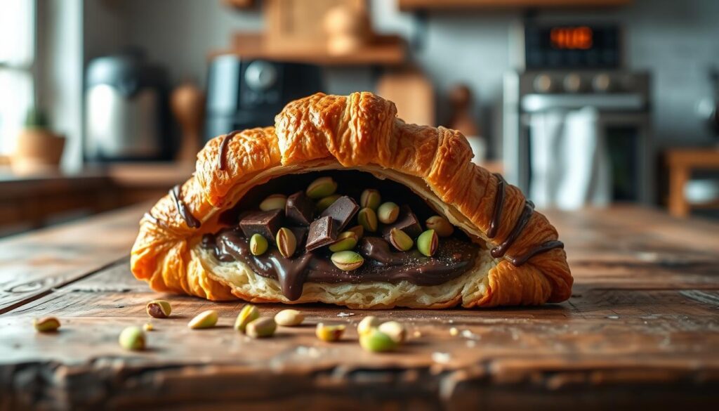 A beautifully arranged pistachio chocolate croissant takes center stage on a rustic wooden table, showcasing its flaky layers and a tempting filling of rich dark chocolate and crunchy pistachios peeking out. The foreground features a few scattered crushed pistachios and a delicate chocolate drizzle, adding texture and contrast. In the middle, soft natural light filters through a nearby window, creating warm highlights and gentle shadows that enhance the croissant's golden-brown hue. The background is softly blurred, hinting at a cozy kitchen setting with an air fryer and classic oven visible, emphasizing the innovative cooking methods discussed. The overall atmosphere is inviting and homely, perfect for inspiring readers to try making this delicious treat at home.