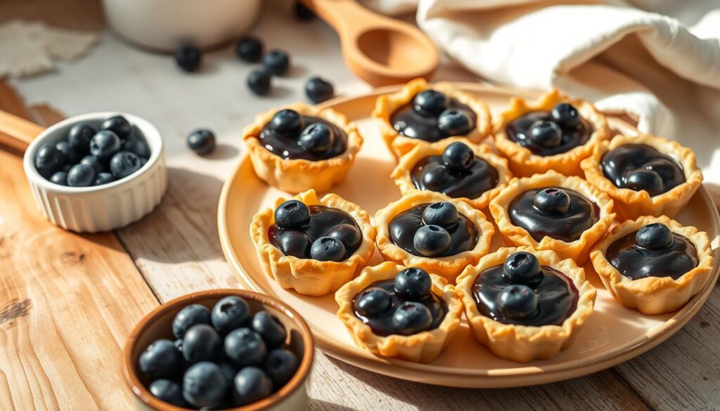 A beautifully arranged plate of freshly baked blueberry mini tarts, each tart featuring a flaky, golden-brown crust and a glossy, vibrant blueberry filling glistening in the light. The tarts are artistically placed on a rustic wooden table, emphasizing their artisanal quality. In the foreground, add a small ceramic bowl filled with plump, fresh blueberries, which enhances the theme of gathering ingredients. In the middle, include utensils such as a wooden spoon and measuring cups to suggest preparation, alongside a subtle backdrop of soft pastel kitchen linens. The lighting is warm and inviting, casting gentle shadows, evoking a cozy baking atmosphere. The angle is slightly above eye-level to capture the tarts' details and create an inviting ambiance, perfect for a culinary showcase.