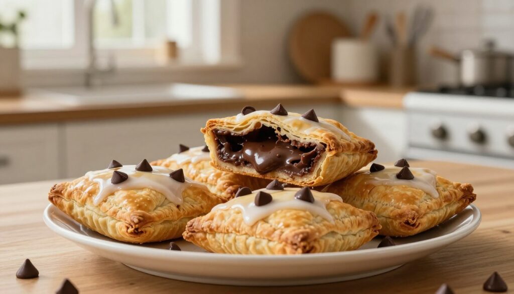 A beautifully arranged plate of homemade chocolate chip Pop Tarts sits prominently in the foreground, glistening with a light sheen of icing and vibrant chocolate chips scattered artfully on top. In the middle, a sliced Pop Tart reveals its flaky, golden-brown pastry and oozy, chocolate-filled insides, inviting the viewer to imagine a delicious bite. The background features a cozy kitchen scene, with soft, warm lighting filtering through a window, highlighting a wooden countertop and various baking utensils. The atmosphere is inviting and homely, evoking a sense of comfort and nostalgia. The lens captures the scene with a slight blur on the background, emphasizing the Pop Tarts while maintaining a heartwarming, wholesome mood.
