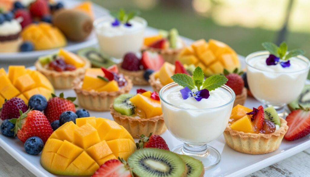 A beautifully arranged platter of gluten-free and dairy-free fruit desserts, featuring vibrant, fresh fruits such as strawberries, blueberries, mango slices, and kiwis, artfully arranged. The foreground showcases an elegant, glass dessert cup filled with a creamy coconut dessert topped with edible flowers and mint leaves. In the middle, there are delicate fruit tarts made from almond flour crusts, filled with colorful fruit compote. The background features a softly blurred outdoor setting with natural sunlight gently illuminating the scene, creating a warm and inviting atmosphere. The overall mood is fresh, healthy, and indulgent, perfect for a summer gathering. Use a wide-angle lens to capture the variety and detail of the desserts, ensuring a crisp, clear image. A beautifully arranged platter of gluten-free and dairy-free fruit desserts, featuring vibrant, fresh fruits such as strawberries, blueberries, mango slices, and kiwis, artfully arranged. The foreground showcases an elegant, glass dessert cup filled with a creamy coconut dessert topped with edible flowers and mint leaves. In the middle, there are delicate fruit tarts made from almond flour crusts, filled with colorful fruit compote. The background features a softly blurred outdoor setting with natural sunlight gently illuminating the scene, creating a warm and inviting atmosphere. The overall mood is fresh, healthy, and indulgent, perfect for a summer gathering. Use a wide-angle lens to capture the variety and detail of the desserts, ensuring a crisp, clear image.