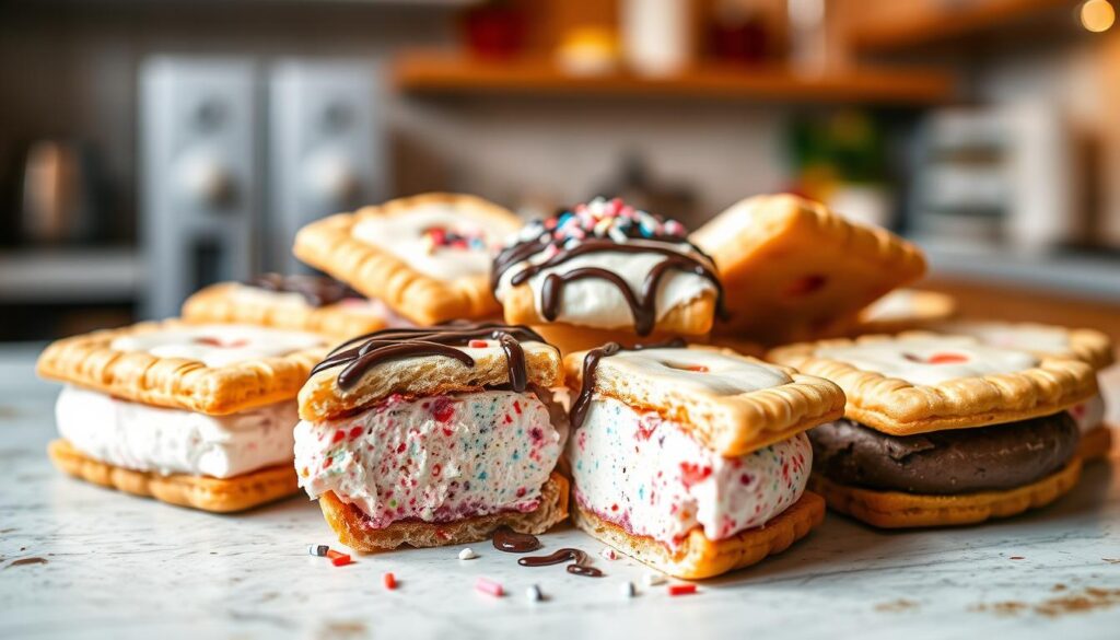 A beautifully arranged platter of vibrant pop tart ice cream sandwiches, showcasing a variety of flavors like strawberry, chocolate, and cookies & cream. The foreground features several ice cream sandwiches cut in half, revealing colorful layers of creamy ice cream sandwiched between two halves of playful pop tarts. In the middle ground, a light drizzle of chocolate syrup and sprinkles adds an extra touch of sweetness. The background is softly blurred, depicting a cozy kitchen setting with warm, inviting lighting that casts a gentle glow on the desserts. The overall mood is cheerful and indulgent, perfect for a delightful summer treat. Use a slight overhead angle to emphasize the textures and details of the sandwiches, highlighting the freshness and charm of this delicious dessert.