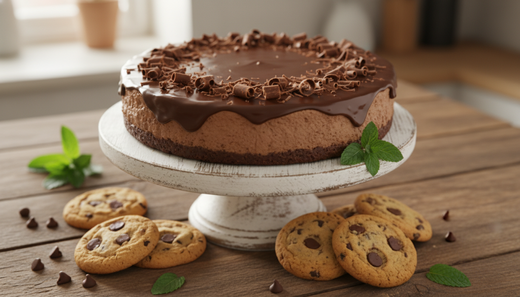 A beautifully arranged scene featuring a delicious no bake chocolate cheesecake topped with rich chocolate ganache and decorative chocolate shavings. Surrounding the cheesecake are freshly baked chocolate chip cookies, golden and soft, with melted chocolate chips glistening. In the foreground, the cheesecake is placed on a rustic wooden table with a vintage cake stand, capturing the inviting texture of the dessert. The background includes a softly blurred kitchen setting with warm, natural lighting that highlights the creamy textures and chocolatey tones. A few mint leaves are scattered around for a pop of color and freshness. The overall mood is cozy and inviting, suggesting a perfect treat for any easy celebration. Shot with a slight overhead angle to capture both desserts in vibrant detail. A beautifully arranged scene featuring a delicious no bake chocolate cheesecake topped with rich chocolate ganache and decorative chocolate shavings. Surrounding the cheesecake are freshly baked chocolate chip cookies, golden and soft, with melted chocolate chips glistening. In the foreground, the cheesecake is placed on a rustic wooden table with a vintage cake stand, capturing the inviting texture of the dessert. The background includes a softly blurred kitchen setting with warm, natural lighting that highlights the creamy textures and chocolatey tones. A few mint leaves are scattered around for a pop of color and freshness. The overall mood is cozy and inviting, suggesting a perfect treat for any easy celebration. Shot with a slight overhead angle to capture both desserts in vibrant detail.