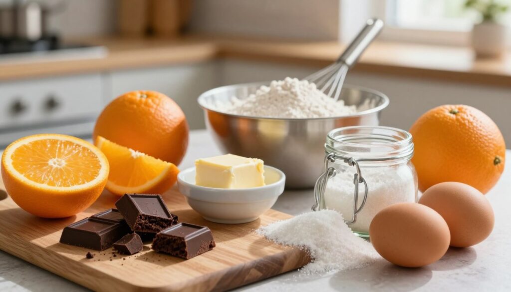 A beautifully arranged scene featuring the key ingredients for a moist chocolate orange cake. In the foreground, a wooden cutting board displays rich dark chocolate chunks, vibrant fresh oranges, and fine granulated sugar spilling from a glass jar. Nestled among them are smooth eggs and a small bowl of luxurious butter. In the middle, a mixing bowl holds a light dusting of flour, while a whisk lies nearby. The background is softly blurred, hinting at a warm, inviting kitchen with natural light streaming in through a window, casting gentle shadows that enhance the textures of the ingredients. The atmosphere conveys a sense of warmth, comfort, and culinary excitement, perfect for baking enthusiasts. The composition is shot from a slightly elevated angle to capture the vibrant colors and inviting textures of the ingredients, with a focus on detail and clarity.
