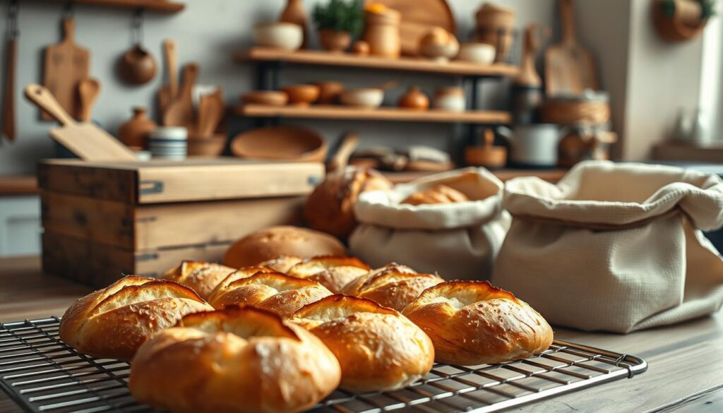 A beautifully arranged scene focusing on freshly baked crispy bread cooling on a wire rack in the foreground, with golden crusts glistening under soft, warm lighting. In the middle ground, several types of bread are shown alongside a few artisanal containers for proper storage—like a rustic wooden box and breathable linen bags—emphasizing the importance of keeping bread fresh. The background features a cozy kitchen setting with shelves filled with cooking utensils and ingredients, adding a homely atmosphere. The overall mood is inviting and warm, suggesting comfort and care in baking. The composition should be in a natural light setting, with a shallow depth of field to keep focus on the bread while giving a soft blur to the background elements, enhancing the visual appeal.