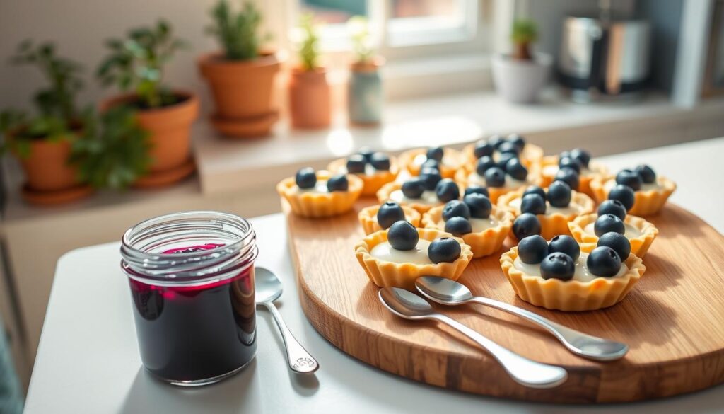 A beautifully arranged scene of freshly baked blueberry mini tarts, placed on an elegant wooden serving board. The tarts are vibrant, with glossy blueberries atop a smooth, creamy filling, laid out in an attractive pattern. In the foreground, a small glass jar filled with homemade blueberry sauce complements the tarts, along with a set of delicate spoons. The middle ground features an organized display of tarts in a lightly decorated kitchen with soft pastel colors, including a hint of greenery from potted herbs. In the background, natural light filters through a window, creating a warm and inviting atmosphere. The ambiance is cozy and perfect for sharing recipes, evoking a sense of comfort and homeliness. Use warm lighting to enhance the colors and textures of the tarts, captured with a shallow depth of field to draw focus on the delicious details.