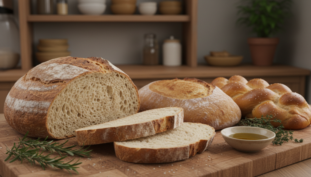 A beautifully arranged scene showcasing an assortment of freshly baked artisan breads made in a bread machine. In the foreground, a golden crusty sourdough loaf, lightly dusted with flour, sits on a rustic wooden cutting board, with a few slices cut to reveal its fluffy interior. Next to it, a round ciabatta loaf and a braided challah bread are artistically placed. The middle ground features sprigs of fresh herbs like rosemary and thyme, alongside a small bowl of olive oil for dipping. In the background, a softly lit kitchen setting with warm tones, wooden shelves, and a hint of greenery creates a cozy atmosphere. The lighting is soft and inviting, emphasizing the textures of the bread and the warmth of the kitchen. The angle is slightly above, capturing the detailed arrangement and inviting a sense of homely comfort. A beautifully arranged scene showcasing an assortment of freshly baked artisan breads made in a bread machine. In the foreground, a golden crusty sourdough loaf, lightly dusted with flour, sits on a rustic wooden cutting board, with a few slices cut to reveal its fluffy interior. Next to it, a round ciabatta loaf and a braided challah bread are artistically placed. The middle ground features sprigs of fresh herbs like rosemary and thyme, alongside a small bowl of olive oil for dipping. In the background, a softly lit kitchen setting with warm tones, wooden shelves, and a hint of greenery creates a cozy atmosphere. The lighting is soft and inviting, emphasizing the textures of the bread and the warmth of the kitchen. The angle is slightly above, capturing the detailed arrangement and inviting a sense of homely comfort.