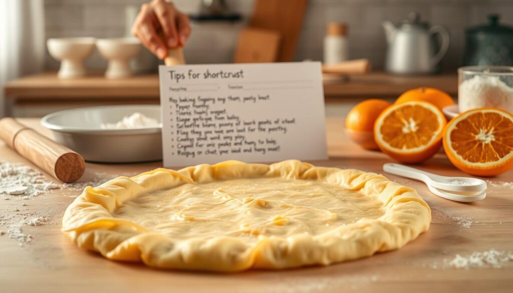 A beautifully arranged scene showcasing expert tips for crafting a perfect shortcrust pastry. In the foreground, a light wooden countertop displays flaky, golden-brown shortcrust pastry with visible texture, neatly rolled out with a rolling pin. Surrounding it are essential tools: a pie dish, scattered flour, a pastry brush, and fresh oranges sliced in half. The middle ground features an elegantly styled recipe card with handwritten notes on tips for achieving the ideal crust consistency. In the background, a softly blurred, warm kitchen reminiscent of a cozy baking space casts gentle, diffused light, emphasizing an inviting atmosphere. The overall mood is warm and inviting, encouraging culinary creativity and expertise.