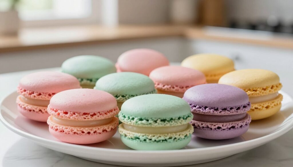 A beautifully arranged selection of French macarons with smooth, perfectly domed tops and delicate ruffled feet, showcasing a variety of pastel colors such as pale pink, mint green, lavender, and soft yellow. The macarons are displayed on a clean, white plate, strategically placed in the foreground to highlight their texture and intricate details. In the background, a softly blurred kitchen setting with hints of natural light streaming through a window creates a warm and inviting atmosphere. The scene is captured with a shallow depth of field, emphasizing the intricate design of the macarons while providing a sense of homeliness. The overall mood is light and cheerful, perfect for illustrating the art of creating homemade treats. No text, logos, or other distractions are present.