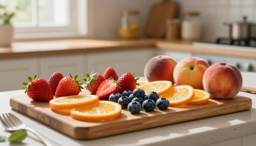 A beautifully arranged selection of seasonal fruits ideal for crustless desserts, featuring vibrant strawberries, glossy blueberries, ripe peaches, and zesty citrus slices. In the foreground, a wooden cutting board displays the fruit artfully arranged with some sliced, showcasing their colors and textures. The middle ground includes a rustic kitchen scene with soft natural lighting filtering through a nearby window, casting delicate shadows. The background features blurred shelves with baking ingredients, enhancing the homey atmosphere. The overall mood is fresh and inviting, perfect for a cozy culinary space. Capture this with a shallow depth of field to emphasize the fruits and create a warm, inviting vibe. A beautifully arranged selection of seasonal fruits ideal for crustless desserts, featuring vibrant strawberries, glossy blueberries, ripe peaches, and zesty citrus slices. In the foreground, a wooden cutting board displays the fruit artfully arranged with some sliced, showcasing their colors and textures. The middle ground includes a rustic kitchen scene with soft natural lighting filtering through a nearby window, casting delicate shadows. The background features blurred shelves with baking ingredients, enhancing the homey atmosphere. The overall mood is fresh and inviting, perfect for a cozy culinary space. Capture this with a shallow depth of field to emphasize the fruits and create a warm, inviting vibe.
