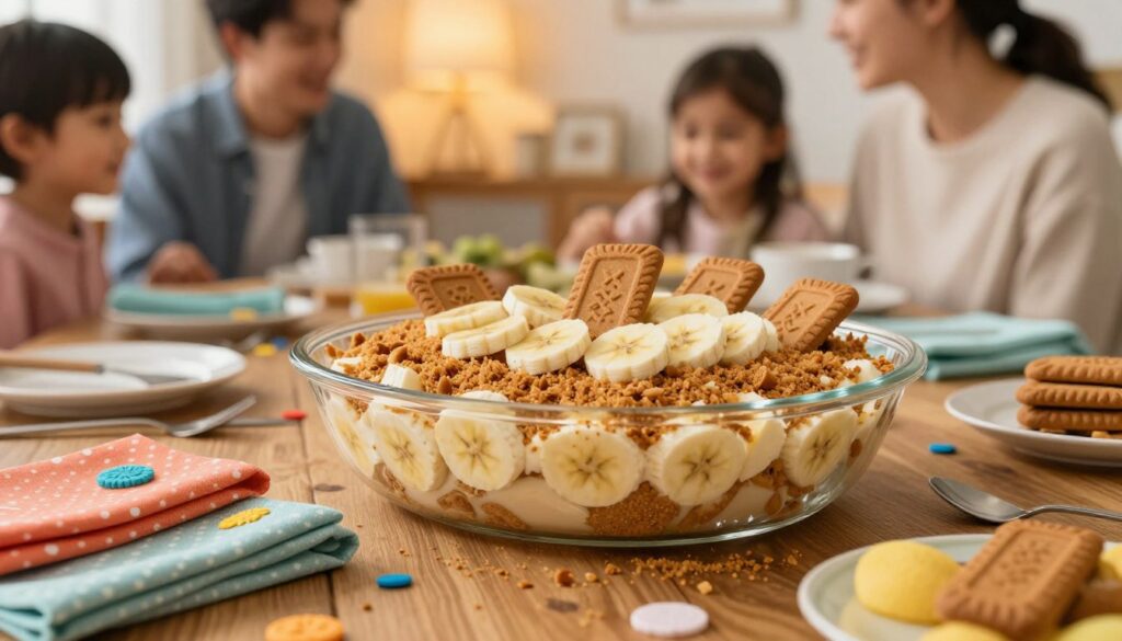 A beautifully arranged serving of Biscoff banana pudding in an elegant glass dish, dusted with crushed Biscoff cookies and topped with fresh banana slices. In the foreground, a charming wooden table is adorned with vibrant, colorful napkins and playful, decorative elements suitable for a family gathering. In the middle ground, include a cozy ambiance with soft, warm lighting that enhances the inviting nature of the dessert. The background features a softly blurred scene of family members in modest casual clothing, smiling and enjoying their time together, creating a joyful atmosphere. Shot from a slightly elevated angle to capture the layers of the pudding and the surrounding festive decoration, the overall mood is warm, inviting, and perfect for celebrating special occasions. A beautifully arranged serving of Biscoff banana pudding in an elegant glass dish, dusted with crushed Biscoff cookies and topped with fresh banana slices. In the foreground, a charming wooden table is adorned with vibrant, colorful napkins and playful, decorative elements suitable for a family gathering. In the middle ground, include a cozy ambiance with soft, warm lighting that enhances the inviting nature of the dessert. The background features a softly blurred scene of family members in modest casual clothing, smiling and enjoying their time together, creating a joyful atmosphere. Shot from a slightly elevated angle to capture the layers of the pudding and the surrounding festive decoration, the overall mood is warm, inviting, and perfect for celebrating special occasions.