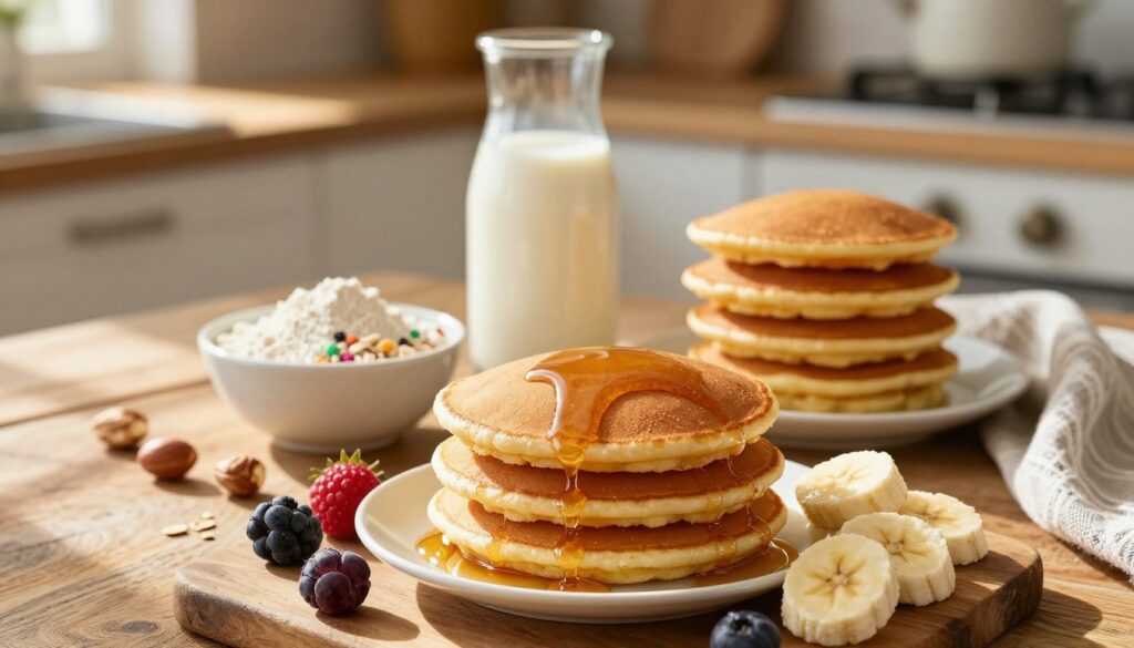 A beautifully arranged set of fluffy pancakes made without milk, stacked high on a rustic wooden table. The foreground features a vibrant, golden-brown pancake glistening with syrup, surrounded by fresh fruits like berries and banana slices. In the middle, a small bowl contains key ingredients like flour, baking powder, and a colorful assortment of nut and oat milk. The background showcases a cozy kitchen atmosphere with warm lighting, emphasizing a sunny morning feel. Soft shadows play across the scene while a delicate kitchen cloth peeks out from the side. The image should evoke a warm, inviting breakfast mood, highlighting the essence of a delightful milk substitute pancake recipe.