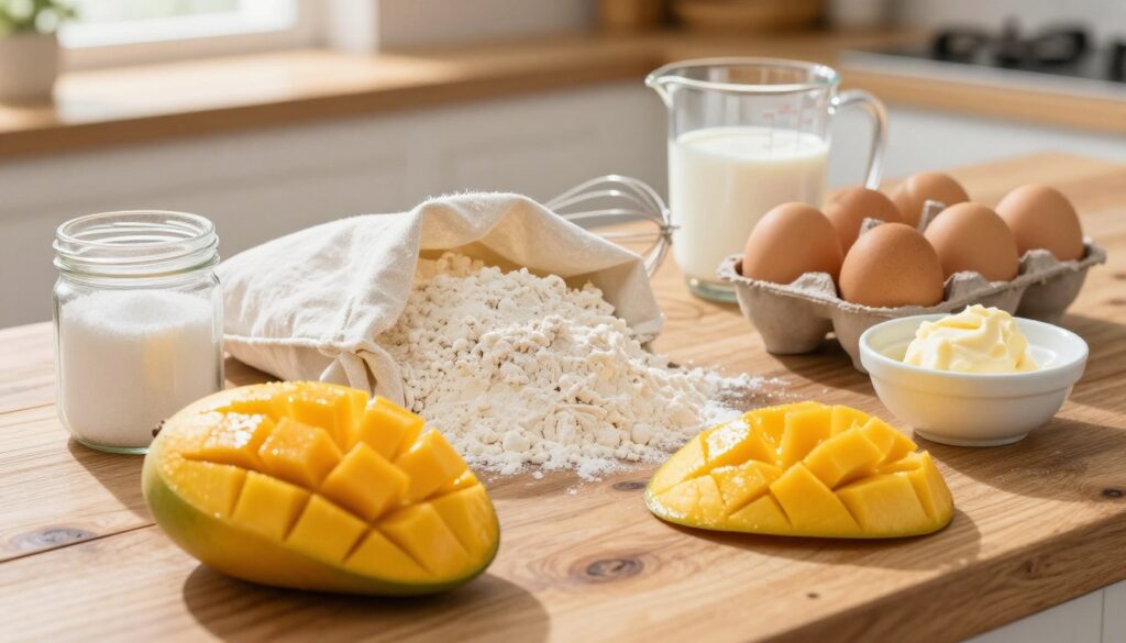 A beautifully arranged setup of fresh mango cake ingredients on a rustic wooden countertop. In the foreground, a ripe, vibrant yellow mango sits next to sliced pieces, glistening with fresh juice. A bowl of creamy butter, a jar of sugar, and a small dish of baking powder are neatly placed nearby. In the middle, a flour sack is open with white flour spilling slightly, alongside eggs in a charming egg crate. A measuring cup filled with milk and an elegant whisk complete the scene. The background features hints of a sunny kitchen with soft, warm light streaming through a window, casting gentle shadows. The atmosphere is inviting and cheerful, inviting viewers into the world of baking.