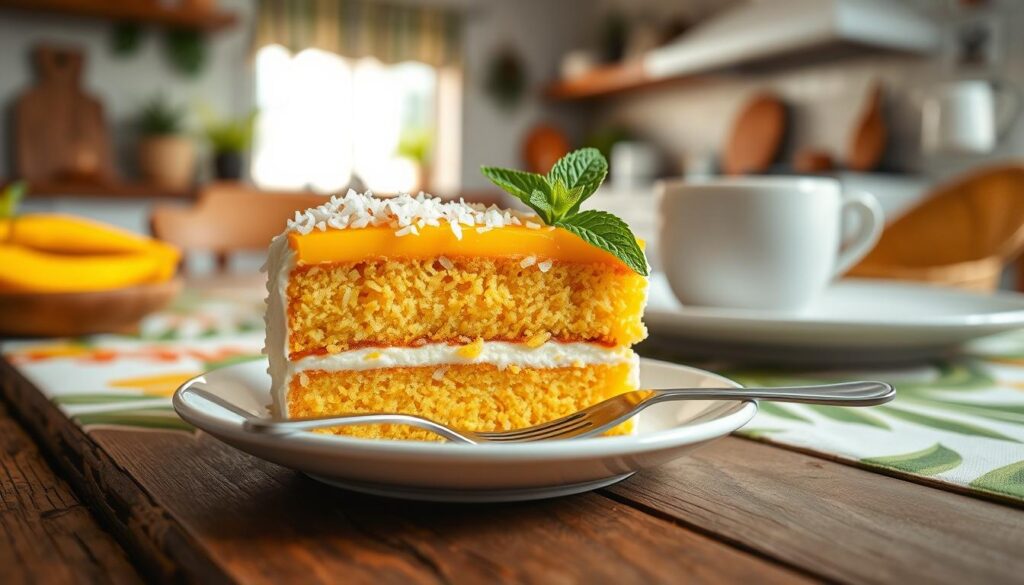 A beautifully arranged slice of mango coconut cake, showcasing its three layers: a rich golden mango sponge, a creamy coconut frosting, and a vibrant mango glaze on top. The cake is garnished with fresh mango slices, toasted coconut flakes, and a sprig of mint, adding a pop of color. In the foreground, a fork rests on a white ceramic plate beside the cake, ready to take a bite. The middle ground features a rustic wooden table adorned with a tropical-themed tablecloth, enhancing the warm atmosphere. In the soft background, blurred hints of a sunny kitchen with bright natural light streaming in create an inviting, cheerful mood. The overall tone conveys freshness and tropical delight, perfect for a dessert that celebrates summer flavors.