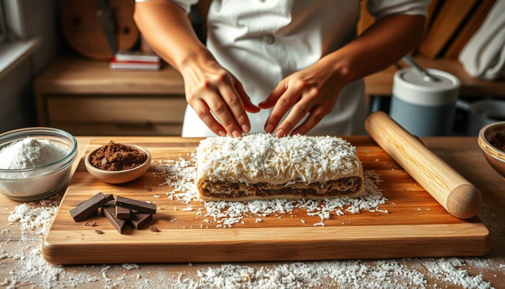 A beautifully arranged step-by-step process for crafting a delicious coconut chocolate roll. In the foreground, feature a wooden cutting board with neatly organized ingredients: shredded coconut, cocoa powder, chocolate, and a rolling pin. In the middle, showcase a partially rolled dough covered in coconut flakes, with an artisan chef's hands meticulously working on it, wearing a white apron and chef's hat for a professional touch. The background should be a warm, rustic kitchen with soft natural light streaming in through a window, enhancing the cozy atmosphere. The mood is inviting and creative, encouraging viewers to engage in the culinary process. Capture this scene from a slightly elevated angle to emphasize the rolling action and the tempting ingredients.