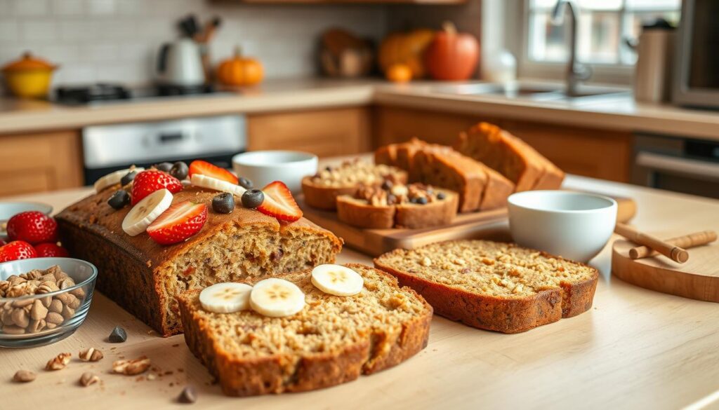 A beautifully arranged table featuring an array of creative variations of applesauce bread. In the foreground, showcase a sliced loaf of moist applesauce bread topped with vibrant fruits like sliced bananas, strawberries, and a sprinkle of cinnamon. Beside it, display small bowls filled with unique toppings such as walnuts, chocolate chips, and a drizzle of honey. The middle ground should include a rustic wooden cutting board with additional loaf variations: one speckled with cranberries, another with caramelized nuts, and a third enhanced with a hint of pumpkin spice. The background features a warm, inviting kitchen atmosphere with soft, natural lighting streaming in through a window, highlighting the textures and colors of the bread, creating a cozy, homey mood perfect for a delicious fall recipe setting.