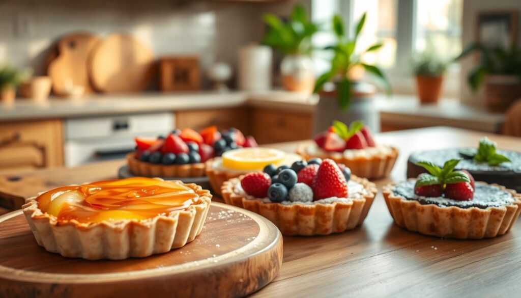 A beautifully arranged table featuring an assortment of tarts showcasing seasonal flavors. In the foreground, a rustic wooden board holds an apple cinnamon tart, glistening with caramel glaze, alongside a vibrant berry tart topped with fresh strawberries, blueberries, and blackberries arranged artfully. The middle ground includes a delicate citrus tart made with a lemon filling, with a sprinkle of powdered sugar, contrasted against a rich chocolate tart garnished with mint leaves. In the background, a soft-focus kitchen setting with warm, natural light filtering through a window, highlighting wooden accents and green plants, creating a cozy, inviting atmosphere. The image captures a sense of warmth and celebration, evoking the joy of seasonal gatherings and family feasts. A beautifully arranged table featuring an assortment of tarts showcasing seasonal flavors. In the foreground, a rustic wooden board holds an apple cinnamon tart, glistening with caramel glaze, alongside a vibrant berry tart topped with fresh strawberries, blueberries, and blackberries arranged artfully. The middle ground includes a delicate citrus tart made with a lemon filling, with a sprinkle of powdered sugar, contrasted against a rich chocolate tart garnished with mint leaves. In the background, a soft-focus kitchen setting with warm, natural light filtering through a window, highlighting wooden accents and green plants, creating a cozy, inviting atmosphere. The image captures a sense of warmth and celebration, evoking the joy of seasonal gatherings and family feasts.