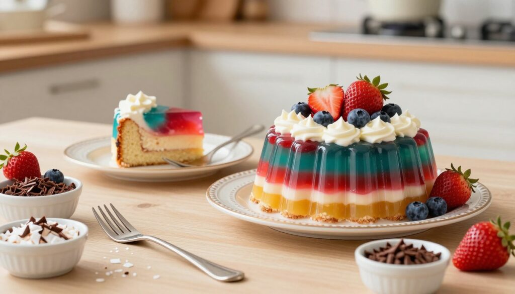 A beautifully arranged table showcasing a Jello Poke Cake, adorned with vibrant layers of colorful gelatin and whipped cream toppings, surrounded by fresh berries like strawberries and blueberries. In the foreground, there are elegant serving utensils and small bowls of additional toppings such as coconut flakes and chocolate shavings. The middle ground features a proud slice of the cake on a decorative plate, with a fork poised, ready for tasting. The background is softly blurred, hinting at a cozy kitchen ambiance with warm lighting that creates an inviting atmosphere. The scene is composed from a slightly elevated angle to highlight the cake's textures and colors, evoking excitement and anticipation for this delightful dessert.