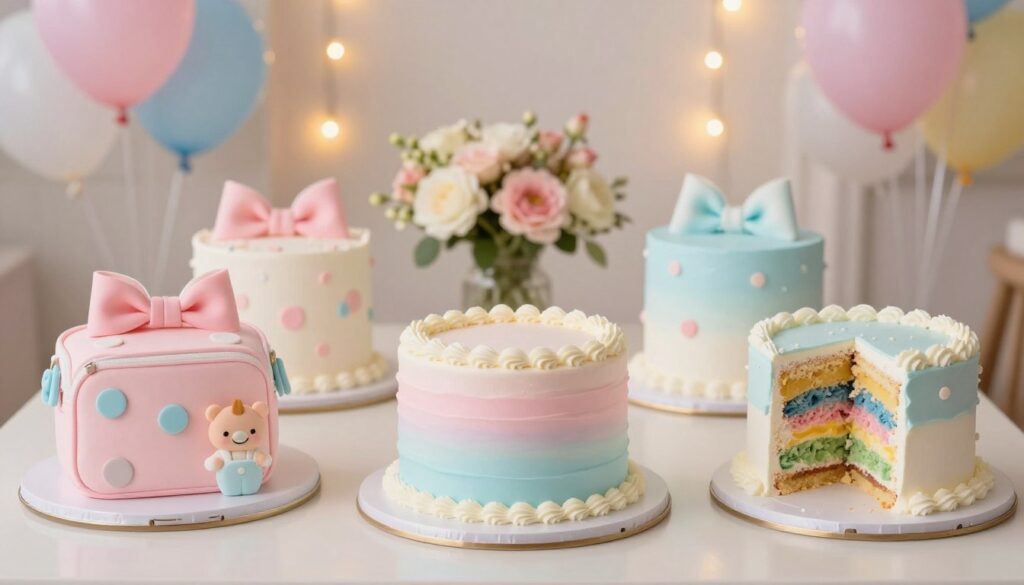 A beautifully arranged table showcasing a variety of gender reveal cakes in vibrant pastel colors, including pink and blue, designed for a celebratory atmosphere. The foreground features three distinct cakes: one shaped like a diaper bag with edible baby items, another with a stunning ombre design, and a third revealing a colorful surprise filling when cut. In the middle ground, soft-focus decorations like balloons and flowers enhance the festive feel. The background is a softly blurred party setting with gentle string lights twinkling, creating a warm and inviting mood. Use soft, diffused lighting to highlight the textures of the cakes and the cheerful decor, captured from an overhead angle for an elegant perspective. A beautifully arranged table showcasing a variety of gender reveal cakes in vibrant pastel colors, including pink and blue, designed for a celebratory atmosphere. The foreground features three distinct cakes: one shaped like a diaper bag with edible baby items, another with a stunning ombre design, and a third revealing a colorful surprise filling when cut. In the middle ground, soft-focus decorations like balloons and flowers enhance the festive feel. The background is a softly blurred party setting with gentle string lights twinkling, creating a warm and inviting mood. Use soft, diffused lighting to highlight the textures of the cakes and the cheerful decor, captured from an overhead angle for an elegant perspective.