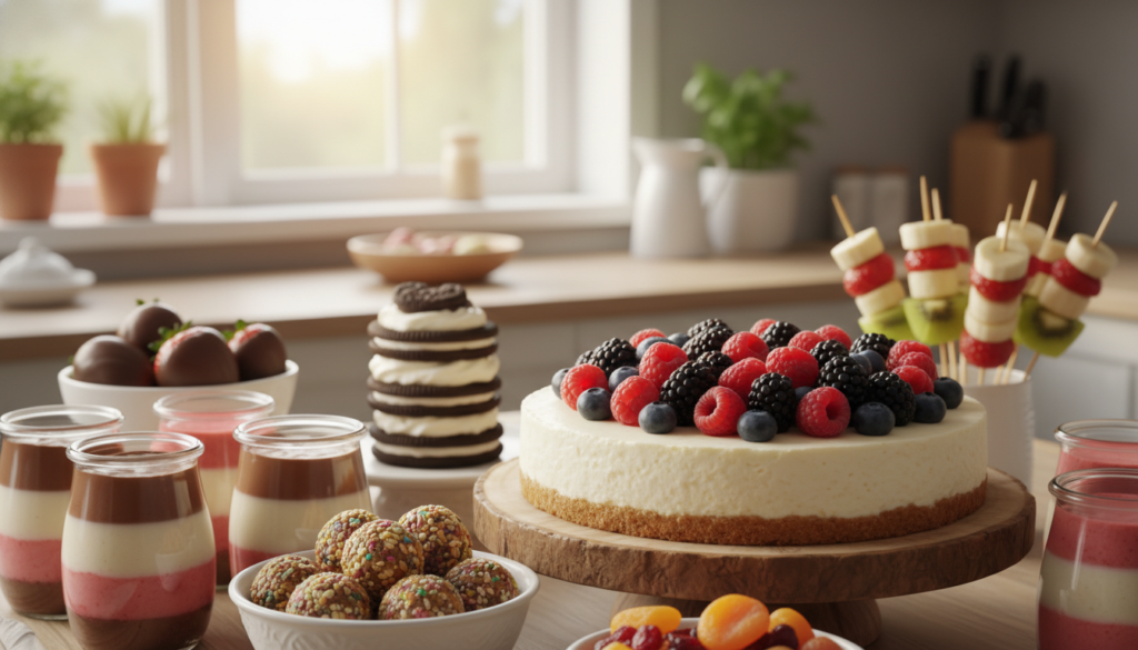 A beautifully arranged table showcasing a variety of no bake desserts, ideal for beginners. In the foreground, display a luscious cheesecake topped with fresh berries, surrounded by vibrant jars of layered pudding and colorful no bake energy bites. In the middle, include a small tiered cake made of cookies and cream, along with chocolate-covered fruit skewers. The background features a soft-focus, inviting kitchen setting with warm, natural light streaming through a window, enhancing the cozy atmosphere. Use a shallow depth of field to draw attention to the desserts, creating a sense of warmth and sweetness, perfect for colorful, cheerful occasions. The overall mood should be inviting and joyful, encouraging creativity in dessert-making. A beautifully arranged table showcasing a variety of no bake desserts, ideal for beginners. In the foreground, display a luscious cheesecake topped with fresh berries, surrounded by vibrant jars of layered pudding and colorful no bake energy bites. In the middle, include a small tiered cake made of cookies and cream, along with chocolate-covered fruit skewers. The background features a soft-focus, inviting kitchen setting with warm, natural light streaming through a window, enhancing the cozy atmosphere. Use a shallow depth of field to draw attention to the desserts, creating a sense of warmth and sweetness, perfect for colorful, cheerful occasions. The overall mood should be inviting and joyful, encouraging creativity in dessert-making.