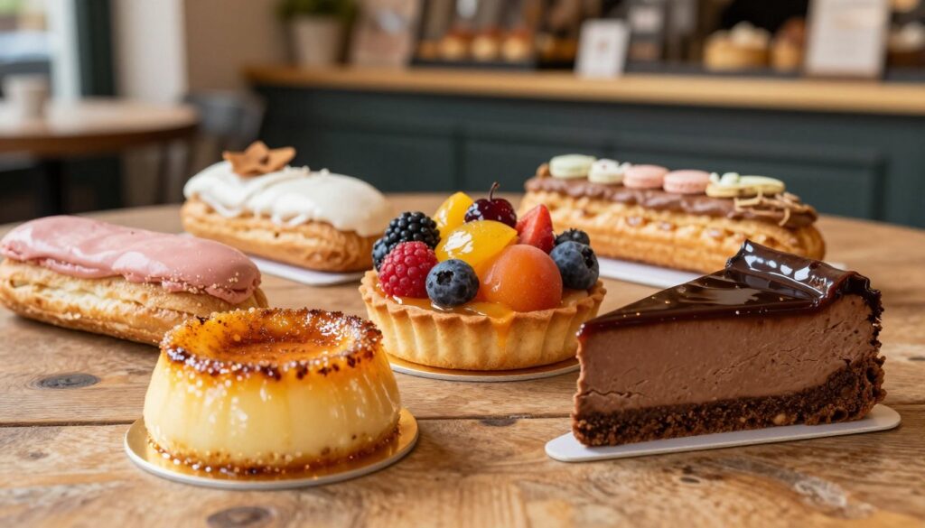 A beautifully arranged tableau of popular French desserts on a rustic wooden table. In the foreground, feature a delicate, golden-brown crème brûlée, topped with a perfectly caramelized sugar crust, next to a slice of rich chocolate mousse cake with glossy ganache. In the middle, include a vibrant fruit tart adorned with an array of seasonal berries and a glossy apricot glaze. Behind these, position classic pastries like éclair and macaron in soft pastel colors. The background is softly blurred, revealing a quaint French café setting with warm, inviting lighting that highlights the desserts’ textures. The overall mood is cozy and inviting, evoking a sense of indulgence and appreciation for classic French cuisine.