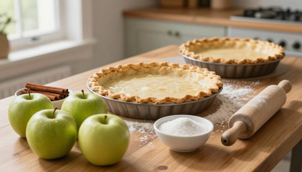 A beautifully arranged tabletop displaying all the ingredients and tools needed for making an apple slab pie. In the foreground, there are fresh, shiny Granny Smith and Honeycrisp apples, a bowl of sugar, cinnamon sticks, a rolling pin, and a sturdy wooden board. The middle layer features a large, crisp pastry crust, flour sprinkled lightly across the surface, and a pie dish ready for filling. In the background, soft, natural light filters through a nearby window, casting gentle shadows, while a cozy kitchen setting enhances the homey atmosphere. The image conveys the warmth and inviting charm of preparing a homemade dessert, showcasing everything needed in a neat, aesthetically pleasing composition.