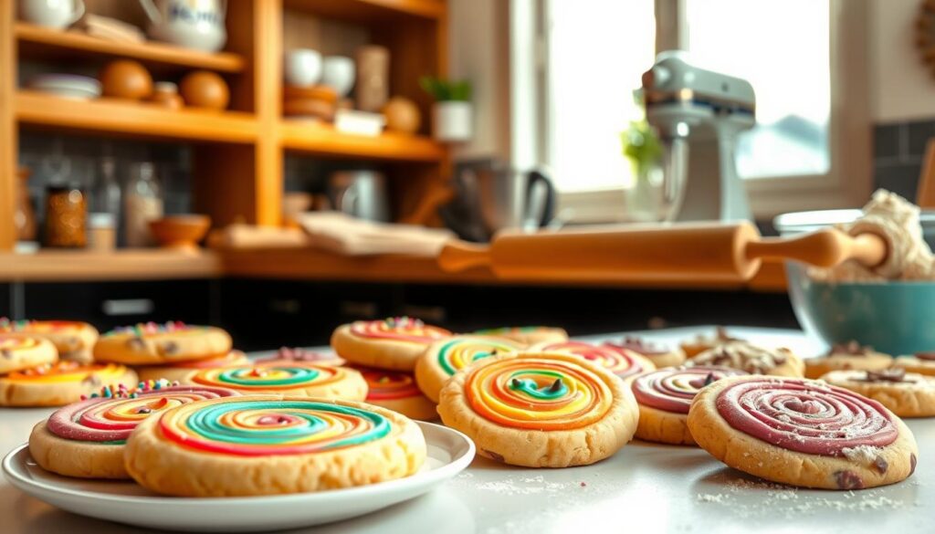 A beautifully arranged tabletop scene showcasing a variety of creative cookie recipes. In the foreground, a plate of vibrant rainbow swirl cookies, expertly decorated with colorful icing and sprinkle toppings. Beside them, unique flavors like chocolate chip with crushed pretzels and almond cookies infused with lavender. In the middle ground, a mixing bowl filled with cookie dough and a rolling pin dusted with flour, suggesting the baking process. The background features a cozy kitchen with warm wooden shelves filled with baking ingredients, a window allowing natural sunlight to cast a soft glow over everything. The atmosphere is joyful and inviting, perfect for a family baking day, capturing the essence of creativity and fun in the kitchen. A beautifully arranged tabletop scene showcasing a variety of creative cookie recipes. In the foreground, a plate of vibrant rainbow swirl cookies, expertly decorated with colorful icing and sprinkle toppings. Beside them, unique flavors like chocolate chip with crushed pretzels and almond cookies infused with lavender. In the middle ground, a mixing bowl filled with cookie dough and a rolling pin dusted with flour, suggesting the baking process. The background features a cozy kitchen with warm wooden shelves filled with baking ingredients, a window allowing natural sunlight to cast a soft glow over everything. The atmosphere is joyful and inviting, perfect for a family baking day, capturing the essence of creativity and fun in the kitchen.