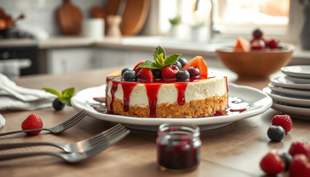 A beautifully crafted cheesecake with a golden cracker crust sits on an elegant white plate, adorned with a fresh berry compote drizzled artfully around it. The cheesecake is topped with vibrant seasonal fruits like strawberries and blueberries, garnished with a sprig of mint for a fresh touch. In the foreground, there's a stylish set of utensils and a small jar of homemade berry sauce, hinting at personalization. The background features a softly blurred kitchen environment, with natural light streaming in through a window, creating a warm and inviting atmosphere. The image composition uses a close-up angle, highlighting the creamy texture of the cheesecake, while maintaining a clean and sophisticated aesthetic, capturing the essence of culinary artistry.