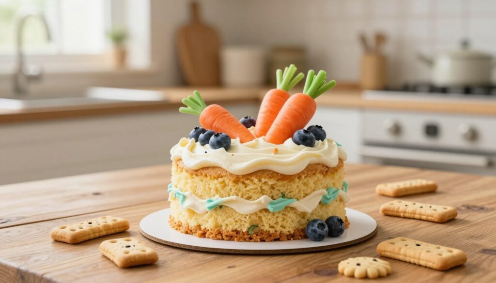 A beautifully crafted healthy dog cake, decorated with vibrant dog-friendly frosting in a swirl pattern, sits on a rustic wooden table. The cake is made with natural ingredients, showcasing a soft, moist texture and adorned with small, colorful toppings like carrots and blueberries. In the foreground, a few playful dog biscuits are scattered around. The background features a soft focus of a warm, inviting kitchen with natural light streaming through a window, creating a cozy atmosphere. The image is captured with a shallow depth of field, emphasizing the cake while providing a sense of warmth and celebration, perfect for a birthday theme. A beautifully crafted healthy dog cake, decorated with vibrant dog-friendly frosting in a swirl pattern, sits on a rustic wooden table. The cake is made with natural ingredients, showcasing a soft, moist texture and adorned with small, colorful toppings like carrots and blueberries. In the foreground, a few playful dog biscuits are scattered around. The background features a soft focus of a warm, inviting kitchen with natural light streaming through a window, creating a cozy atmosphere. The image is captured with a shallow depth of field, emphasizing the cake while providing a sense of warmth and celebration, perfect for a birthday theme.