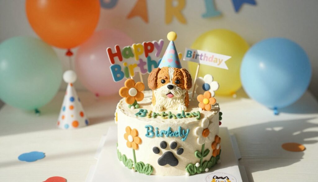 A beautifully crafted personalized dog birthday cake sits prominently in the foreground, featuring a vibrant array of colors and decorations. The cake is round, layered, and adorned with paw print designs and edible flowers. Custom messages in playful, dog-themed fonts are written in icing across the cake, celebrating its special day. Surrounding the cake, a few colorful party accessories like balloons and a “Happy Birthday” banner enhance the festive atmosphere. In the background, soft, natural lighting creates a warm, inviting glow, highlighting the cake’s delightful details. The angle captures the cake from slightly above to emphasize its height and decorations, evoking a joyful and celebratory mood perfect for a dog's birthday celebration. A beautifully crafted personalized dog birthday cake sits prominently in the foreground, featuring a vibrant array of colors and decorations. The cake is round, layered, and adorned with paw print designs and edible flowers. Custom messages in playful, dog-themed fonts are written in icing across the cake, celebrating its special day. Surrounding the cake, a few colorful party accessories like balloons and a “Happy Birthday” banner enhance the festive atmosphere. In the background, soft, natural lighting creates a warm, inviting glow, highlighting the cake’s delightful details. The angle captures the cake from slightly above to emphasize its height and decorations, evoking a joyful and celebratory mood perfect for a dog's birthday celebration.