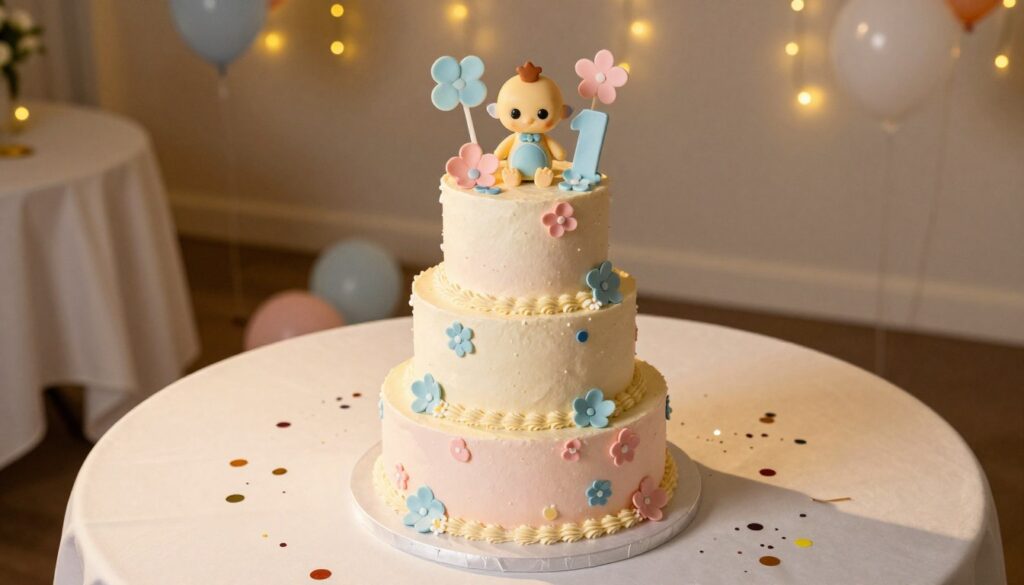 A beautifully crafted unique gender reveal cake positioned on an elegant white tablecloth. The cake is three tiers high, adorned with intricate pastel pink and blue icing decorations, including sugar flowers and playful baby-themed toppers. In the foreground, the cake is centered on the table, with soft golden light illuminating it, creating a warm and inviting atmosphere. In the middle ground, scattered around the cake are small confetti pieces and balloons that hint at the gender reveal. The background shows a cozy party setting with string lights softly glowing, enhancing the joyful mood. The scene is captured from a slightly elevated angle, showcasing the cake's detailed layers and decorations while inviting the viewer into this celebratory moment. A beautifully crafted unique gender reveal cake positioned on an elegant white tablecloth. The cake is three tiers high, adorned with intricate pastel pink and blue icing decorations, including sugar flowers and playful baby-themed toppers. In the foreground, the cake is centered on the table, with soft golden light illuminating it, creating a warm and inviting atmosphere. In the middle ground, scattered around the cake are small confetti pieces and balloons that hint at the gender reveal. The background shows a cozy party setting with string lights softly glowing, enhancing the joyful mood. The scene is captured from a slightly elevated angle, showcasing the cake's detailed layers and decorations while inviting the viewer into this celebratory moment.
