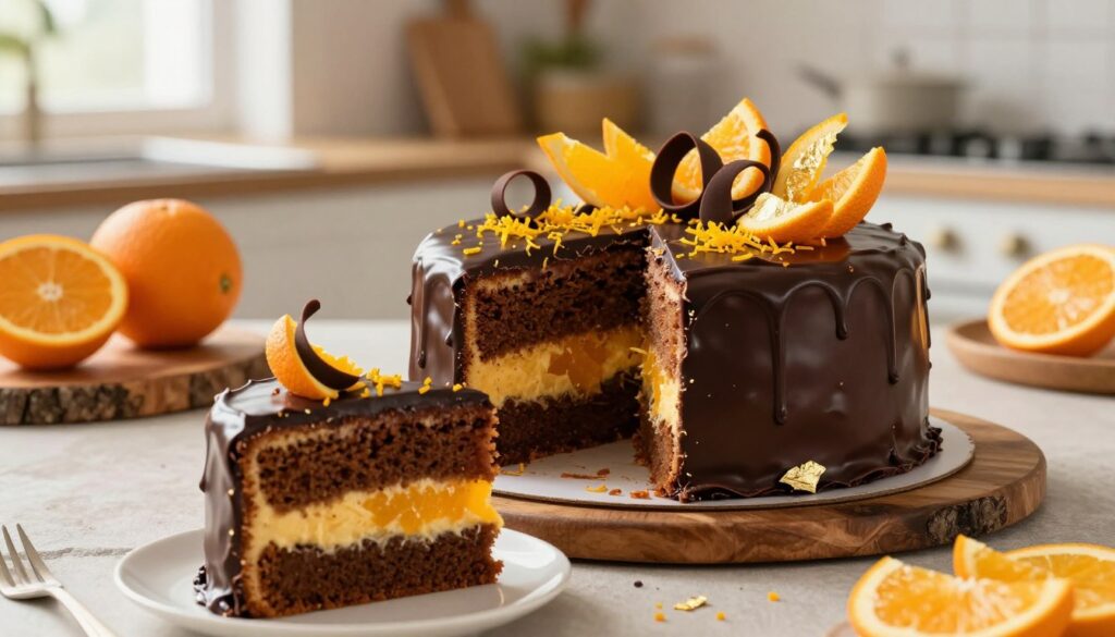 A beautifully decorated chocolate orange cake, showcasing a rich, dark chocolate ganache glaze draped smoothly over the top, with vibrant orange zest sprinkled on top. In the foreground, display an elegant slice of cake revealing moist layers filled with orange-infused cream. Surround the cake with artistic decorations like candied orange peels, delicate chocolate curls, and edible gold leaf accents, adding a touch of luxury. The middle ground features rustic wooden serving platters and some fresh oranges for a hint of color contrast. The background is softly blurred, with a warm, inviting kitchen setting illuminated by soft natural light coming from a nearby window, creating a cozy and inviting atmosphere perfect for any celebration. The focus should be sharp on the cake and its decorations, capturing the essence of a decadent dessert.