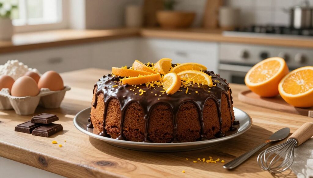 A beautifully decorated chocolate orange cake sits on a rustic wooden kitchen table, surrounded by ingredients like eggs, flour, dark chocolate, and fresh oranges. The cake features rich, glossy chocolate ganache dripping down the sides, with vibrant orange zest sprinkled on top for a pop of color. In the background, a softly lit kitchen shows mixing bowls, measuring cups, and a whisk, evoking a cozy atmosphere. The scene is illuminated by warm, natural light streaming in from a nearby window, creating inviting shadows. The angle is slightly overhead, capturing the cake at a perfect angle for presentation, with an emphasis on the textures and layers. The mood is warm and inviting, perfect for a baking tutorial.