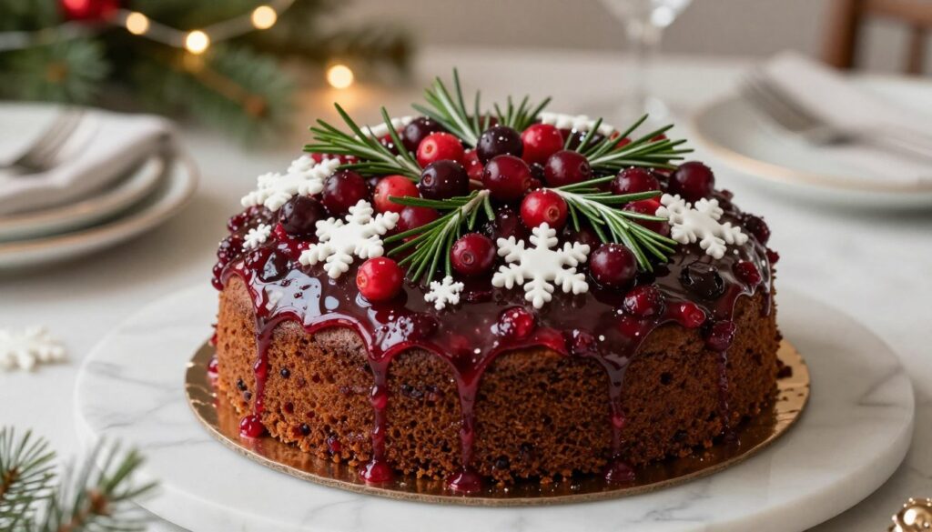 A beautifully decorated cranberry Christmas cake sits prominently on an elegant white marble countertop. The cake, a rich, moist treat, is adorned with a glossy cranberry glaze glistening in the soft, warm light. On top, fresh cranberries are artfully arranged alongside sprigs of green rosemary and delicate white icing snowflakes, creating a festive atmosphere. In the background, a faintly blurred Christmas-themed table setting is visible, with twinkling fairy lights and pine branches adding to the holiday spirit. The image captures a close-up angle that emphasizes the cake's intricate details and textures. The lighting is warm and inviting, evoking the cozy feel of a festive holiday gathering. A beautifully decorated cranberry Christmas cake sits prominently on an elegant white marble countertop. The cake, a rich, moist treat, is adorned with a glossy cranberry glaze glistening in the soft, warm light. On top, fresh cranberries are artfully arranged alongside sprigs of green rosemary and delicate white icing snowflakes, creating a festive atmosphere. In the background, a faintly blurred Christmas-themed table setting is visible, with twinkling fairy lights and pine branches adding to the holiday spirit. The image captures a close-up angle that emphasizes the cake's intricate details and textures. The lighting is warm and inviting, evoking the cozy feel of a festive holiday gathering.