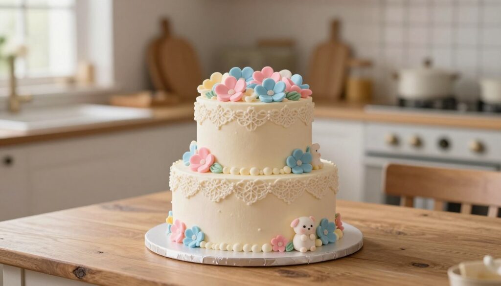 A beautifully designed, cute gender reveal cake sits elegantly on a rustic wooden table with soft pastel colors. The cake is two tiers, with the top tier featuring delicate sugar flowers in shades of pink and blue, representing the gender reveal theme. Intricate details like lace patterns and tiny figurines of animals adorn the cake, contributing to a charming, whimsical feel. In the background, softly blurred, is a cozy kitchen setting with warm, ambient lighting, adding a welcoming atmosphere. The focus is sharp on the cake, with a slight depth of field effect to draw attention to the details. Soft natural light filters through a nearby window, creating a subtle glow, enhancing the mood of celebration and joy. A beautifully designed, cute gender reveal cake sits elegantly on a rustic wooden table with soft pastel colors. The cake is two tiers, with the top tier featuring delicate sugar flowers in shades of pink and blue, representing the gender reveal theme. Intricate details like lace patterns and tiny figurines of animals adorn the cake, contributing to a charming, whimsical feel. In the background, softly blurred, is a cozy kitchen setting with warm, ambient lighting, adding a welcoming atmosphere. The focus is sharp on the cake, with a slight depth of field effect to draw attention to the details. Soft natural light filters through a nearby window, creating a subtle glow, enhancing the mood of celebration and joy.