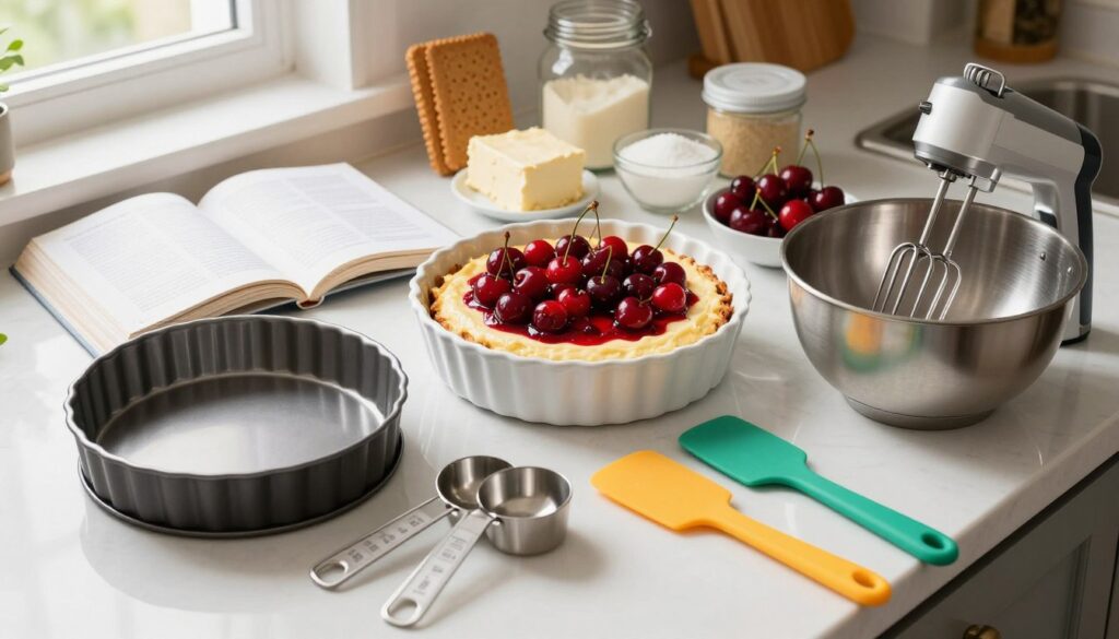 A beautifully organized countertop scene featuring essential cherry cheesecake baking tools and equipment. In the foreground, arrange a high-quality springform pan, a set of measuring cups and spoons, a sturdy mixing bowl, a hand mixer, and a rubber spatula, all bright and vibrant. In the middle, showcase a pristine ceramic baking dish filled with a luscious cherry cheesecake topped with fresh cherries, alongside an open recipe book with elegant pages. In the background, include a neatly arranged display of ingredients: cream cheese, sugar, graham cracker crust materials, and fresh cherries. Soft, natural lighting pours in from a nearby window, creating a warm and inviting atmosphere. The angle should be slightly overhead to capture the entire scene vibrantly, evoking a cozy kitchen feel perfect for baking.
