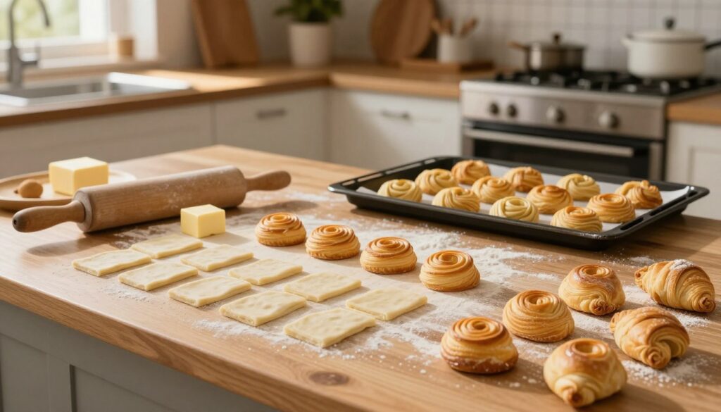 A beautifully organized kitchen workspace showcasing homemade French pastries, with a particular focus on the puff pastry techniques. In the foreground, a wooden countertop is adorned with neatly arranged puff pastry dough, butter blocks, and flour dust. A rolling pin lies next to a few freshly cut puff pastry shapes, some rolled into delicate spirals and others into classic turnovers. In the middle ground, a baking sheet is placed next to an oven, showing pastries ready to bake. The background features warm, inviting kitchen decor, with soft sunlight filtering through a window, casting gentle shadows. The mood is cozy and inspiring, perfect for a beginner baker. The image highlights the artistry and technique involved in creating these delicious French treats.