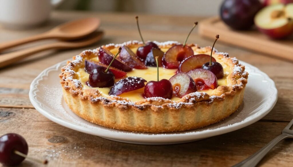 A beautifully plated classic clafoutis, a crustless French dessert, featuring vibrant fruits such as cherries and slices of plums arranged artfully atop a silky custard base. The pie has a golden-brown surface with a slightly puffed appearance, accentuated by a dusting of powdered sugar. In the foreground, a delicate white porcelain plate rests on a rustic wooden table. The scene is bathed in warm, natural light, creating soft shadows that enhance the texture of the pie. In the background, a blurred kitchen setting with hints of wooden utensils and fresh fruits, evoking a cozy, inviting atmosphere for a classic French dessert. Shot from a slightly elevated angle to capture the tempting details of the pie and its surroundings. A beautifully plated classic clafoutis, a crustless French dessert, featuring vibrant fruits such as cherries and slices of plums arranged artfully atop a silky custard base. The pie has a golden-brown surface with a slightly puffed appearance, accentuated by a dusting of powdered sugar. In the foreground, a delicate white porcelain plate rests on a rustic wooden table. The scene is bathed in warm, natural light, creating soft shadows that enhance the texture of the pie. In the background, a blurred kitchen setting with hints of wooden utensils and fresh fruits, evoking a cozy, inviting atmosphere for a classic French dessert. Shot from a slightly elevated angle to capture the tempting details of the pie and its surroundings.